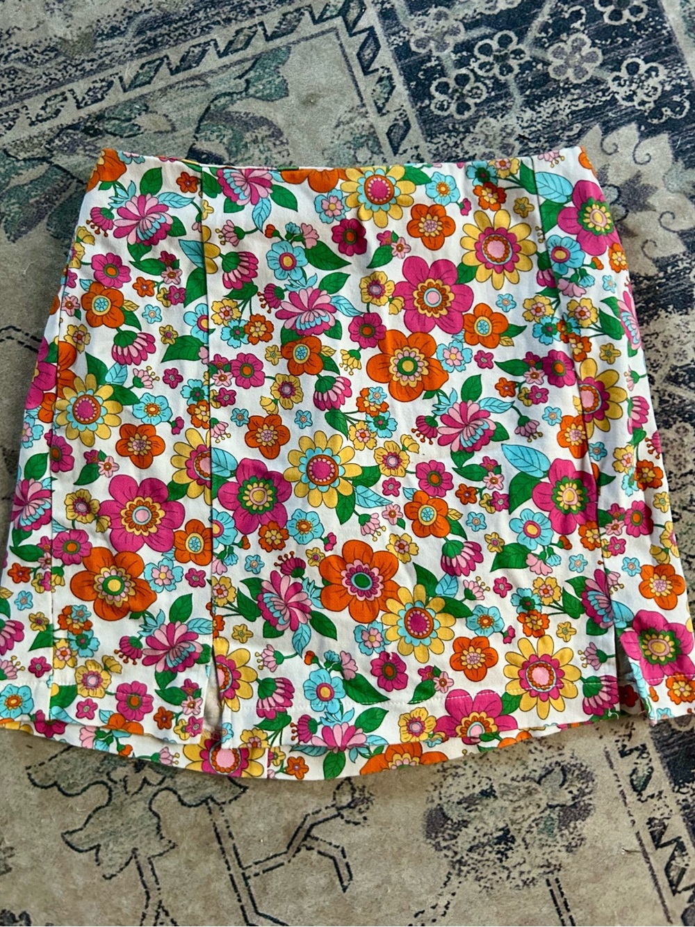 Bright Floral Mini Skirt - White Base with Pink, Orange & Green Flowers